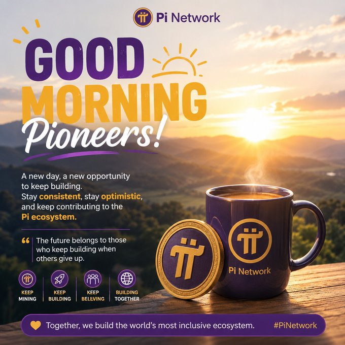A Pi Network 'Good Morning, Pioneers!' promotional graphic featuring a coffee mug and Pi coin against a sunrise mountain backdrop, with motivational text and hashtags #PiNetwork.