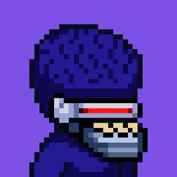 A pixel art illustration depicts a character in dark blue armor wearing a helmet with a glowing red horizontal visor against a solid purple background.
