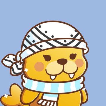 A cartoon illustration of a cute orange seal-like character wearing a white head wrap with black dots and a blue and white striped scarf against a blue background.