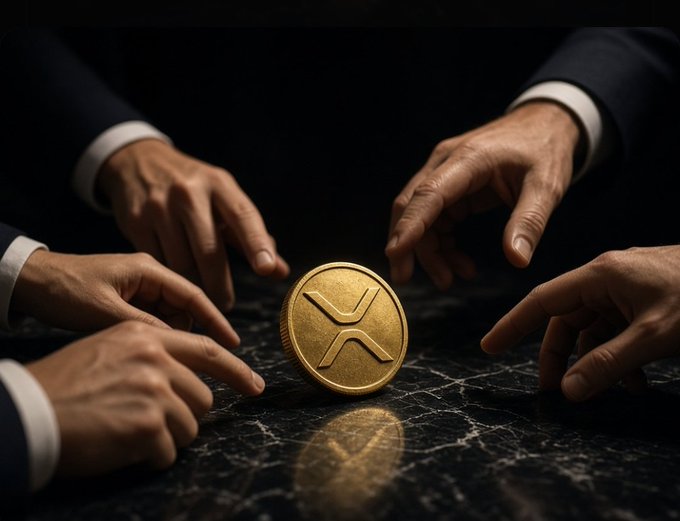 Multiple hands in business attire reaching toward a gold XRP cryptocurrency coin resting on a black marble surface.