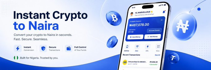 An advertisement banner promotes 'Instant Crypto to Naira' exchange service, showing a smartphone displaying a balance of ₦487,078.00 along with Bitcoin, Ethereum, and Naira cryptocurrency symbols.