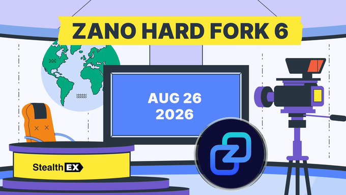 A promotional graphic for the "ZANO HARD FORK 6" announces an expected upgrade on "AUG 26 2026," featuring a TV display flanked by a globe, a camera, and a "StealthEX" branded podium with a chain link icon, highlighting the partnership between Zano and StealthEX for native cross-chain transfers.