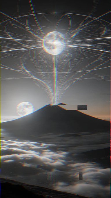 A surreal digital artwork shows a glowing sphere hovering above a mountain peak, emitting intricate field lines and connected by a beam to a second smaller orb below, all rising above a sea of clouds at twilight with a glitch-style aesthetic.

The post notes this is "The Weight Breaks," displayed at the Canal Street Show, with 3 still editions remaining at 0.02 ETH and the 1/1 GIF part of the 50 States Collection with FNDZ.