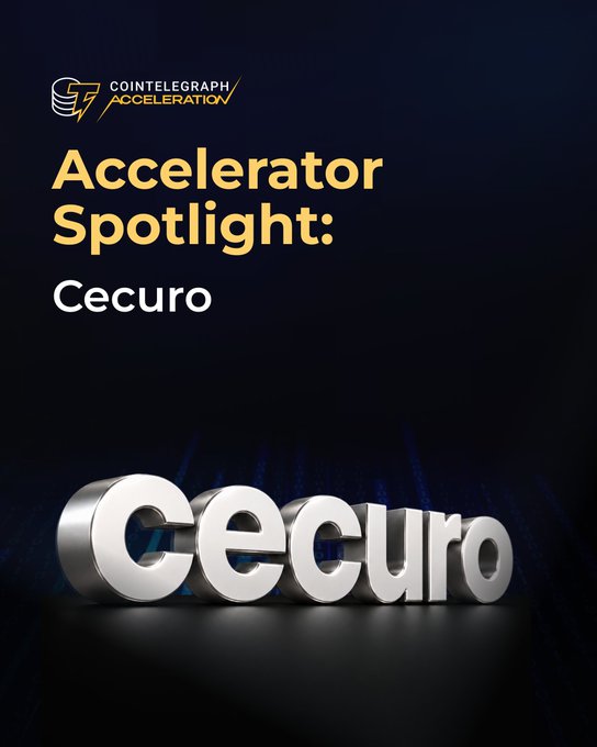 Dark promotional graphic titled 'Accelerator Spotlight: Cecuro' featuring the Cointelegraph Acceleration logo. A 3D metallic 'Cecuro' logo is displayed prominently against a dark blue background.