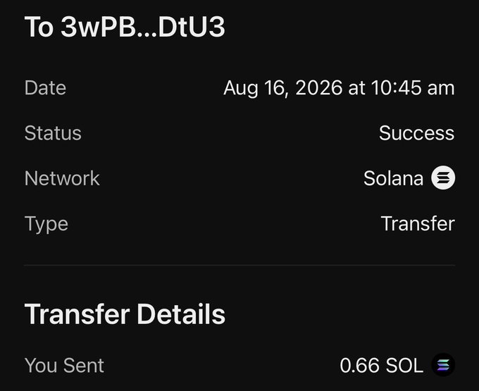 A screenshot of a successful Solana transfer confirmation showing 0.66 SOL sent to wallet address 3wPB...DtU3 on August 16, 2026 at 10:45 am. This serves as proof of payment to winner @zer0_panic, confirming the transfer was completed on the Solana network.