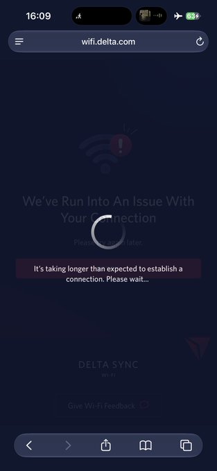 A mobile screenshot of wifi.delta.com showing a connection error with the message 'We've Run Into An Issue With Your Connection' and 'It's taking longer than expected to establish a connection. Please wait...'