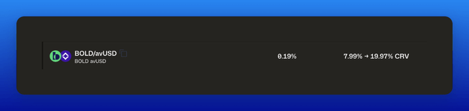 A cryptocurrency trading interface displaying the BOLD/avUSD pair on the BOLD avUSD network, showing 0.19% and 7.99% with a 19.97% CRV yield.