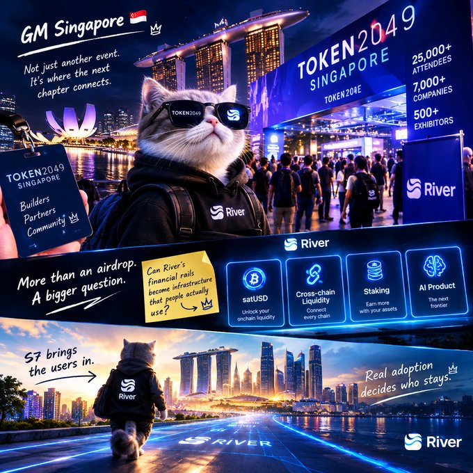 A promotional graphic for "TOKEN2049 SINGAPORE" featuring a cat wearing sunglasses and a River-branded jacket, mentioning 25,000+ attendees, 7,000+ companies, and 500+ exhibitors.