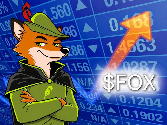 A cartoon fox mascot in a green hat and cape stands confidently with crossed arms next to a glowing "$FOX" label and an upward-pointing arrow, set against a backdrop of stock market numbers. The image humorously visualizes the joke about $FOX "stonks" rising while playfully keeping Wall Street in the dark.