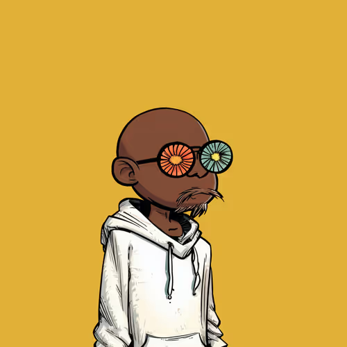 A digital cartoon illustration depicts a bald Black man with a gray goatee wearing a white hoodie and psychedelic orange and teal spiral sunglasses against a solid mustard yellow background.