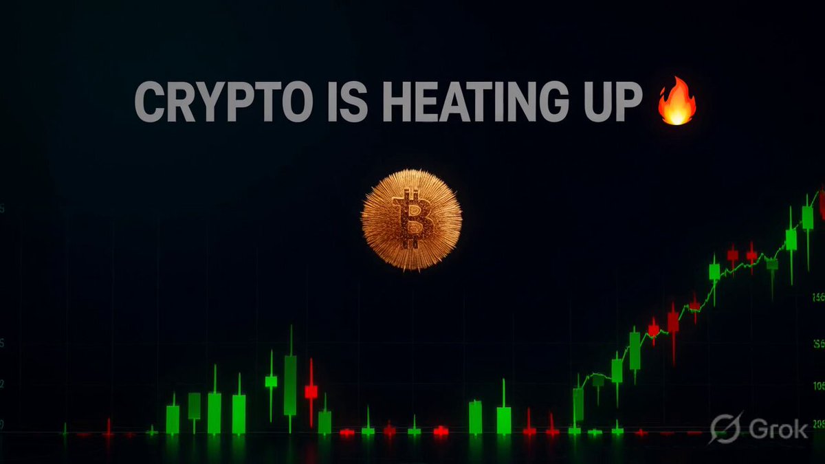 The image features a Bitcoin-related graphic with the phrase "Crypto is heating up" written above an animated Bitcoin symbol. The graph depicts increasing value of Bitcoin as time goes by, indicating its growth potential or popularity among investors. There are also some texts that seem unrelated to Bitcoin but are part of the same graphic.