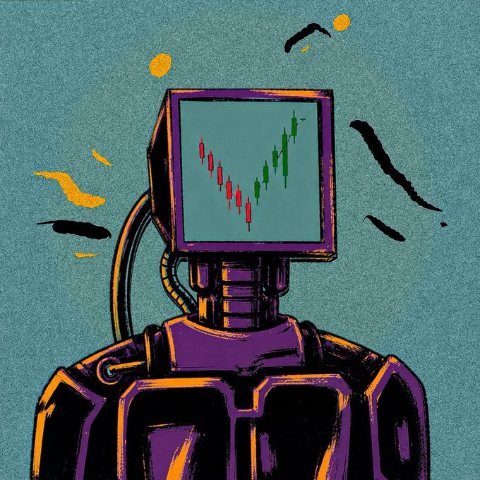A stylized digital illustration of a purple robotic figure with a CRT monitor for a head, which displays a red and green stock candlestick chart, set against a textured teal background with black and yellow accents.