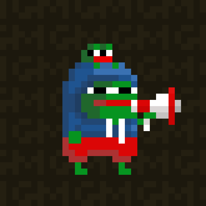 A pixel art illustration of Pepe the Frog dressed in blue and red, holding what appears to be a sword or weapon, set against a dark patterned background.