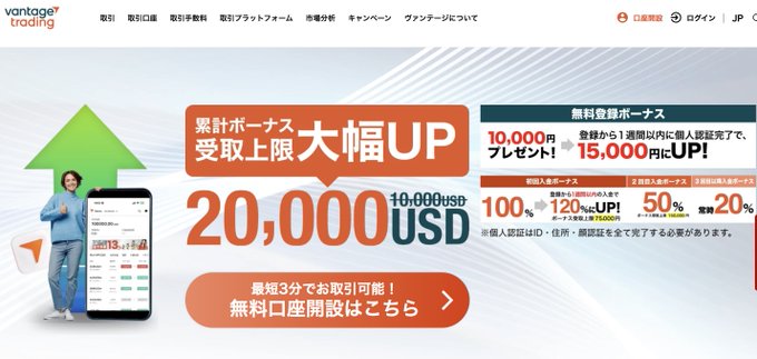 A Japanese promotional webpage for Vantage Trading advertising a bonus of 20,000 USD for new account openings, with text in Japanese including "無料口座開設はこちら" (Free account opening here).