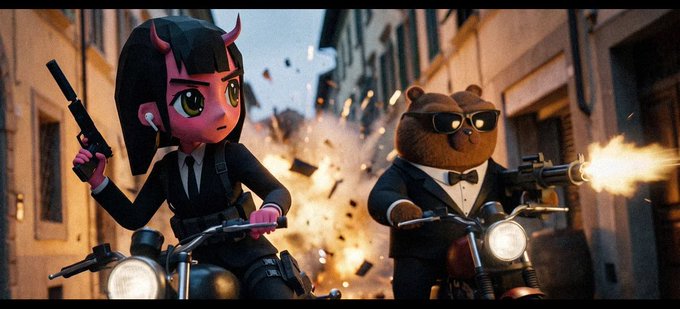 A stylized 3D-rendered scene shows a demon girl in a suit riding a motorcycle alongside a sunglasses-wearing bear in a tuxedo firing a gun, with explosions in the background—evoking an action-packed duo. The caption relates to the "$BOBO" meme by suggesting the "bear" character never left, matching the post's tagline about his enduring presence.