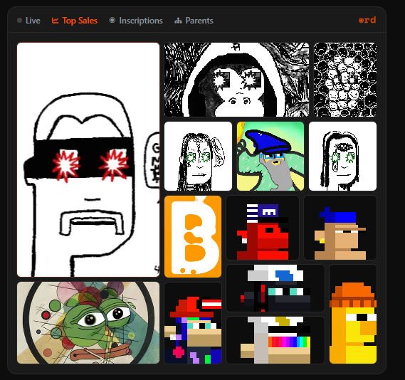 A gallery interface showing various crudely drawn digital artworks, with tabs for 'Live', 'Top Sales', 'Inscriptions', and 'Parents'.