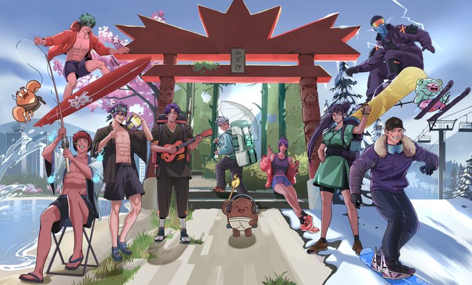 A vibrant anime-style illustration shows a diverse group of characters posed around a traditional Japanese torii gate, blending summer and winter scenes with surfboards, snowboards, and the Azuki bean character. The image visually complements the announcement of Azuki TCG's expansion to Canada, capturing the global, adventurous spirit of the trading card game community.