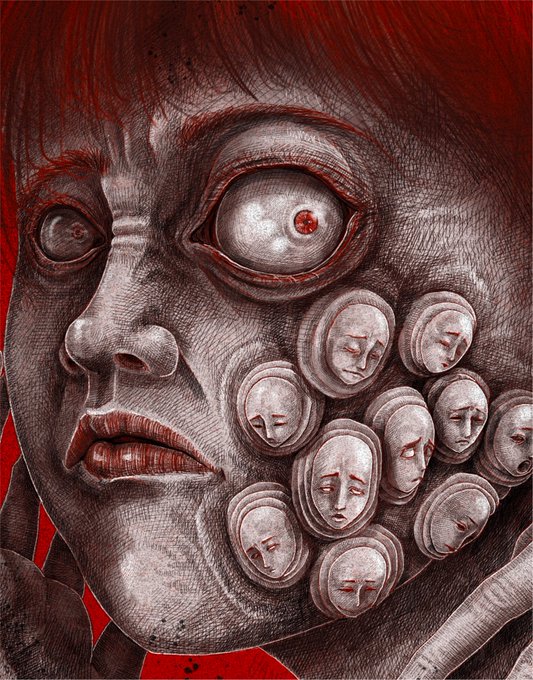 A dark, surreal digital artwork depicting a distorted face with a wide, staring eye and multiple pale, mask-like faces clustered on its cheek.