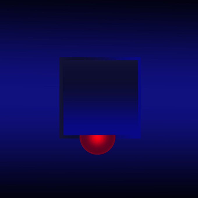 The image shows a dark blue square with a red sphere partially beneath it, suggesting the sphere is rolling out from under the square. The caption "Gn" likely refers to "goodnight," playing on the simple, minimalist composition that resembles a setting sun or moon disappearing behind a square.