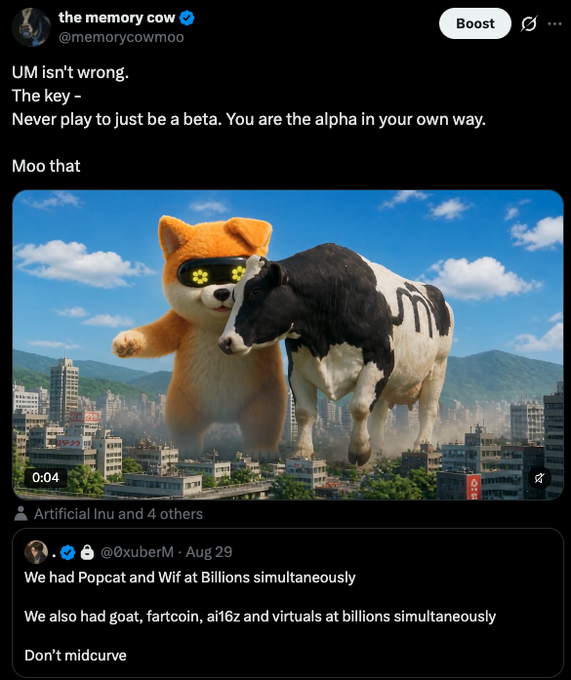 Twitter/X post by @memorycowmoo stating 'UM isn't wrong. The key - Never play to just be a beta. You are the alpha in your own way. Moo that,' featuring a video still of a giant orange dog mascot and a cow towering over a city, with a quoted reply from @xuberM advising 'Don't midcurve'.
