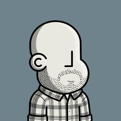 A minimalist cartoon character with a white oval head, simple facial features, stubble, and a plaid shirt against a gray background, representing an NPC (non-player character) avatar for the "GM NPCs @npconchain squad."