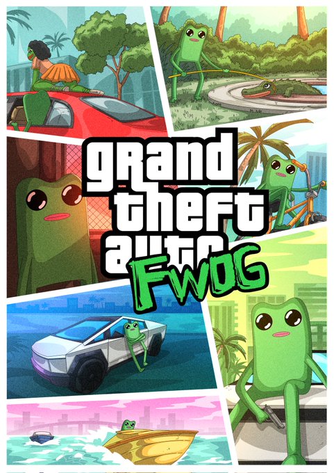 A comic-style collage titled "GRAND THEFT FWOG" depicts a green frog character driving a red car, wielding a bow, riding a bike, standing by a cybertruck, and speeding on a jet ski in various urban and tropical settings.

The image cleverly parodies the "Grand Theft Auto" video game franchise, rebranding it with the green frog mascot of the $FWOG memecoin to celebrate the token's 560th day and its playful "fwog vibes."
