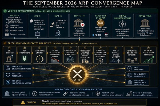 A speculative infographic titled "The September 2026 XRP Convergence Map" maps theoretical geopolitical, regulatory, and infrastructure events—including a Jackson Hole BOJ policy meeting (Aug 27-29), a Japanese Yen clarification test (Sept 15), BOJ policy decisions (Sept 17-18), Ripple's RUSD stablecoin launch in Japan with SBI, Ripple Prime clearing, and Ripple/XRPL institutional adoption—around a central "GENIUS Act Stablecoin Framework" featuring the XRP logo, with a caution noting the arrows are a fictional thought experiment rather than established fact.