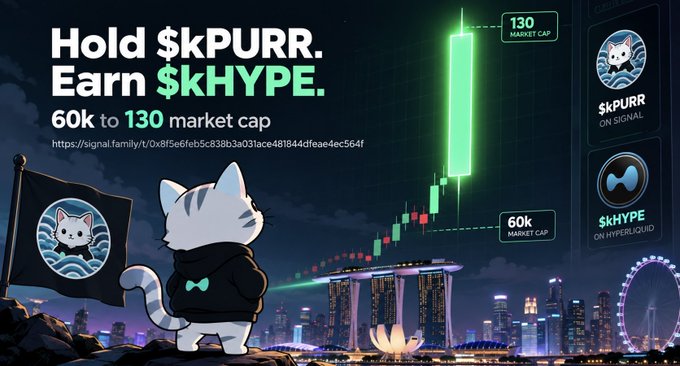 A crypto promotional graphic featuring a cat character with a "kPURR ON SIGNAL" flag, displaying the text "Hold $kPURR. Earn $kHYPE. 60k to 130 market cap" alongside a green price chart showing a jump from 60k to 130 market cap.