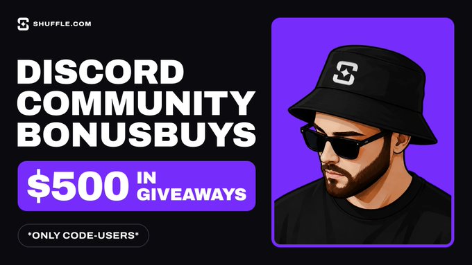 A promotional graphic from SHUFFLE.COM advertising 'DISCORD COMMUNITY BONUSBUYS' with '$500 IN GIVEAWAYS' and '*ONLY CODE-USERS*', featuring an illustration of a man wearing sunglasses and a bucket hat.