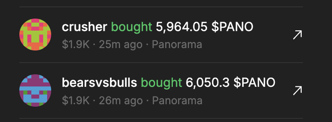 A screenshot showing cryptocurrency transactions, with users 'crusher' and 'bearsvsbulls' buying $PANO tokens ($5,964.05 and $6,050.30 respectively) on the Panorama platform.