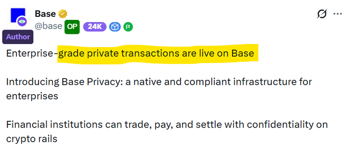 "@Base keeps expanding Still no official word on a token or airdrop, but Base continues to build at an impressive pace Now they're introducing enterprise-grade private transactions with Base Privacy More infrastructure More institutional adoption More real-world use cases".