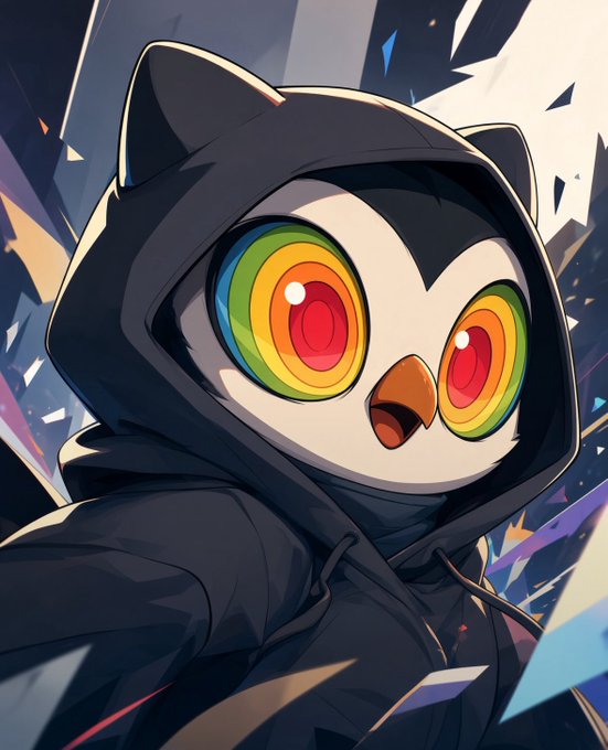 An illustrated character with a penguin-like face, large rainbow-colored eyes, and cat ears, wearing a black hooded jacket against a backdrop of shattered glass shards.
