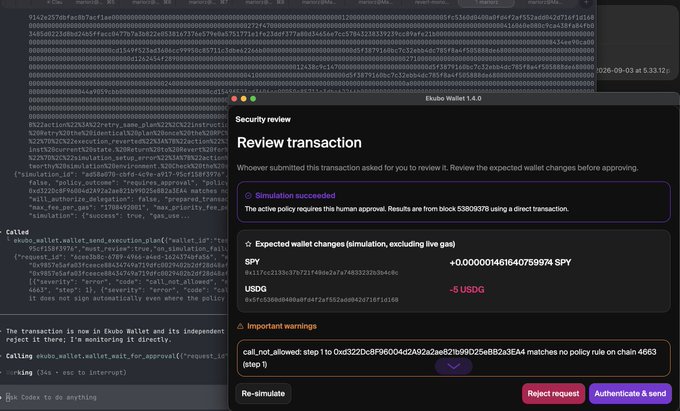 An 'Ekubo Wallet 1.4.0' security review screen for a blockchain transaction shows 'Simulation succeeded' with expected wallet changes of +0.000001461640759974 SPY and -5 USGD.