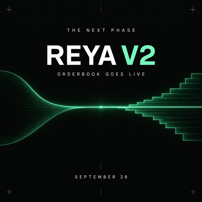 Promotional graphic for 'REYA V2' announcing 'THE NEXT PHASE ORDERBOOK GOES LIVE' on 'SEPTEMBER 28' with a green digital waveform design on a dark background.