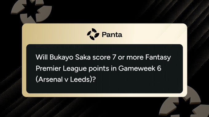 A Panta fantasy sports question card asking: 'Will Bukayo Saka score 7 or more Fantasy Premier League points in Gameweek 6 (Arsenal v Leeds)?'