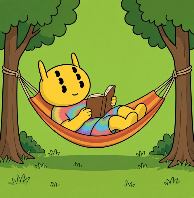 A cartoon illustration of a yellow character relaxing in a hammock strung between two trees, reading a book in a grassy area.