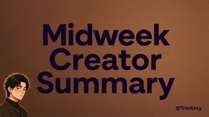 A banner titled "Midweek Creator Summary" in bold dark purple text against an orange-brown background, featuring an illustrated character in the bottom left and the handle "@Trextbxxy" in the corner, summarizing the creator's achievements from the week's post.