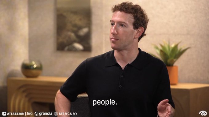 Mark Zuckerberg, wearing a black polo shirt, speaks in an interview setting with the subtitle "people." visible, while logos for Atlassian Jira, Granola, and Mercury appear at the bottom, tying into the post's discussion about Meta's MUSE making agentic AI accessible to everyday users.
