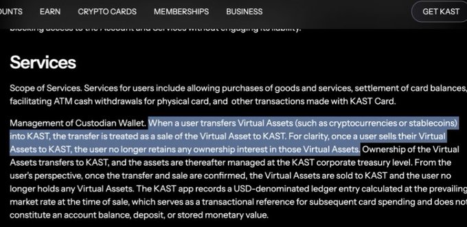 A screenshot of KAST's Services terms highlights that when users transfer Virtual Assets (such as cryptocurrencies or stablecoins) into KAST, they "no longer retain any ownership interest in those Virtual Assets," with ownership transferring to KAST's corporate treasury—reinforcing the post's warning about KAST's custodial setup and recommending non-custodial alternatives like ether.fi Cash, Plasma One, and Gnosis Pay.