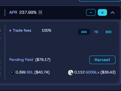 A crypto trading interface showing APR 237.98% with trade fees at 100%, pending yield of $79.17, and holdings of 0.398 SOL ($40.74) and 0.112 GOOGLx ($38.43).