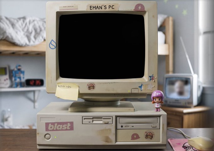 A vintage beige desktop computer labeled "EHAN'S PC" with "blast" branding and a "2" sticker sits on a desk alongside a small figurine, a retro TV displaying a blurred face, and a digital clock reading "2:35." The old-school PC setup visually ties to the post's nostalgic call to revive the $SUI trenches and hype the upcoming @blastdotfun sign-up screen, evoking retro gaming vibes for the crypto community.
