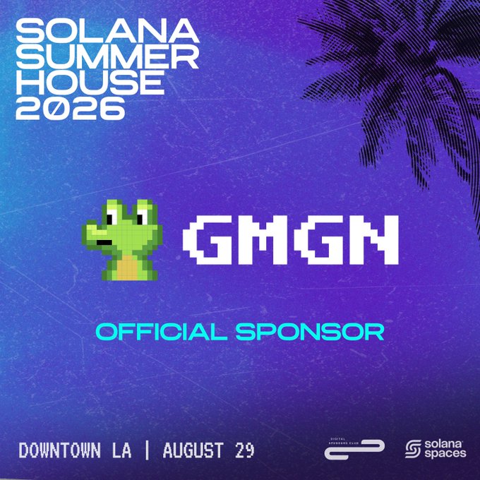 A promotional graphic for 'SOLANA SUMMER HOUSE 2026' featuring a pixel art cactus mascot and 'GMGM' logo as an Official Sponsor, taking place Downtown LA on August 29.