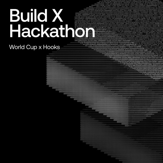 The image features a poster for an event called "Build X: World Cup x Hooks" that takes place from June 11th to July 12th, with prizes up to 200K US dollars. The poster includes a 3D rendering of a stack of blocks and text in white and black colors.