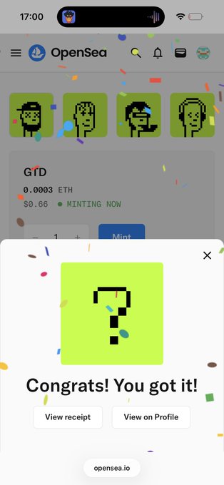 A celebratory "Congrats! You got it!" OpenSea mint confirmation for a GTD pixel-art NFT appears on screen. The post mentions successfully minting a 4,444 supply NFT on Robinhood for $0.66, now with a floor price of $6—capturing the exact moment of the user's first successful mint.