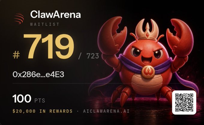 A promotional graphic for ClawArena showing waitlist position #719 out of 723, featuring a crowned red crab mascot and advertising $20,000 in rewards at aiclawarena.ai.