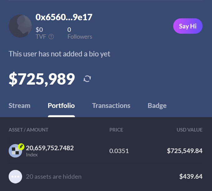 A crypto portfolio display showing a wallet address starting with '0x6560...9e17' holding approximately 20,659,752.7482 Index tokens valued at $725,549.84, totaling a $725,989 portfolio.