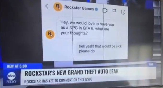A screenshot from ABC News shows a leaked Instagram DM conversation between an account and Rockstar Games, in which Rockstar asks, "Hey, we would love to have you as a NPC in GTA 6, what are your thoughts?" and the reply reads, "hell yeah! that would be sick please do." The news ticker reads "ROCKSTAR'S NEW GRAND THEFT AUTO LEAK" with a note that "ROCKSTAR HAS YET TO COMMENT ON THIS ISSUE."