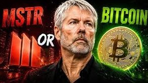 A graphic featuring a man's face in the center with "MSTR" in red text on the left with a rising bar chart, and "BITCOIN" in green text on the right with a Bitcoin logo, separated by the word "OR".