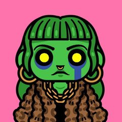 A digital illustration on a pink background depicting a green-skinned character with yellow eyes, green hair, wearing gold hoop earrings, a gold chain, and a brown fur coat.