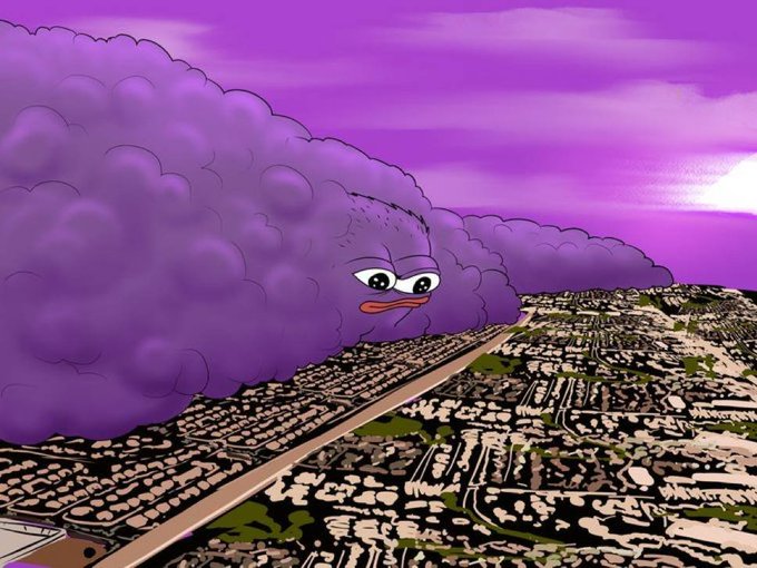 An animated purple cloud with a face hovers ominously over a cityscape, glaring at a long road stretching into the distance under a purple sky.